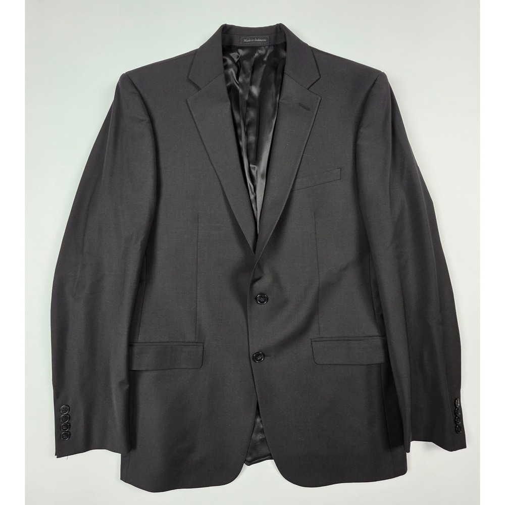 Calvin Klein Suit Jacket‎  Coat Mens 42L Black Solid Wool Lycra Double Vented